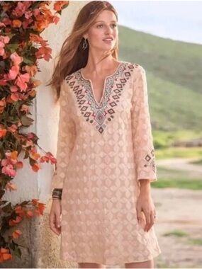 Sundance Womens Beaded Embroidered Cream Lace Boho Hippie Lined Midi Dress Sz M